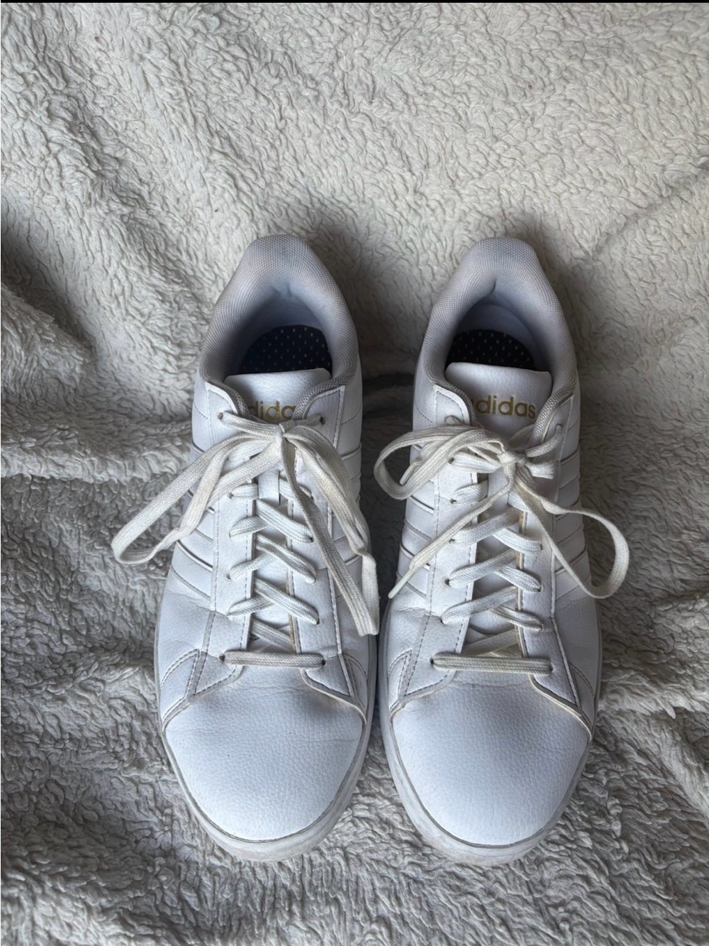 Adidas: Grand Court Tennis Shoes, white & gold, size 11